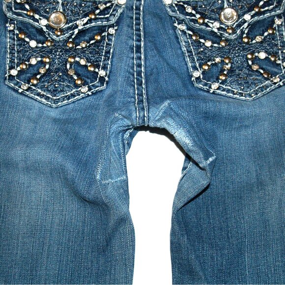 L.A. Idol USA - Iron Cross on Back Pocket - Distressed Patched Denim Jeans 32X32 - Picture 9 of 13
